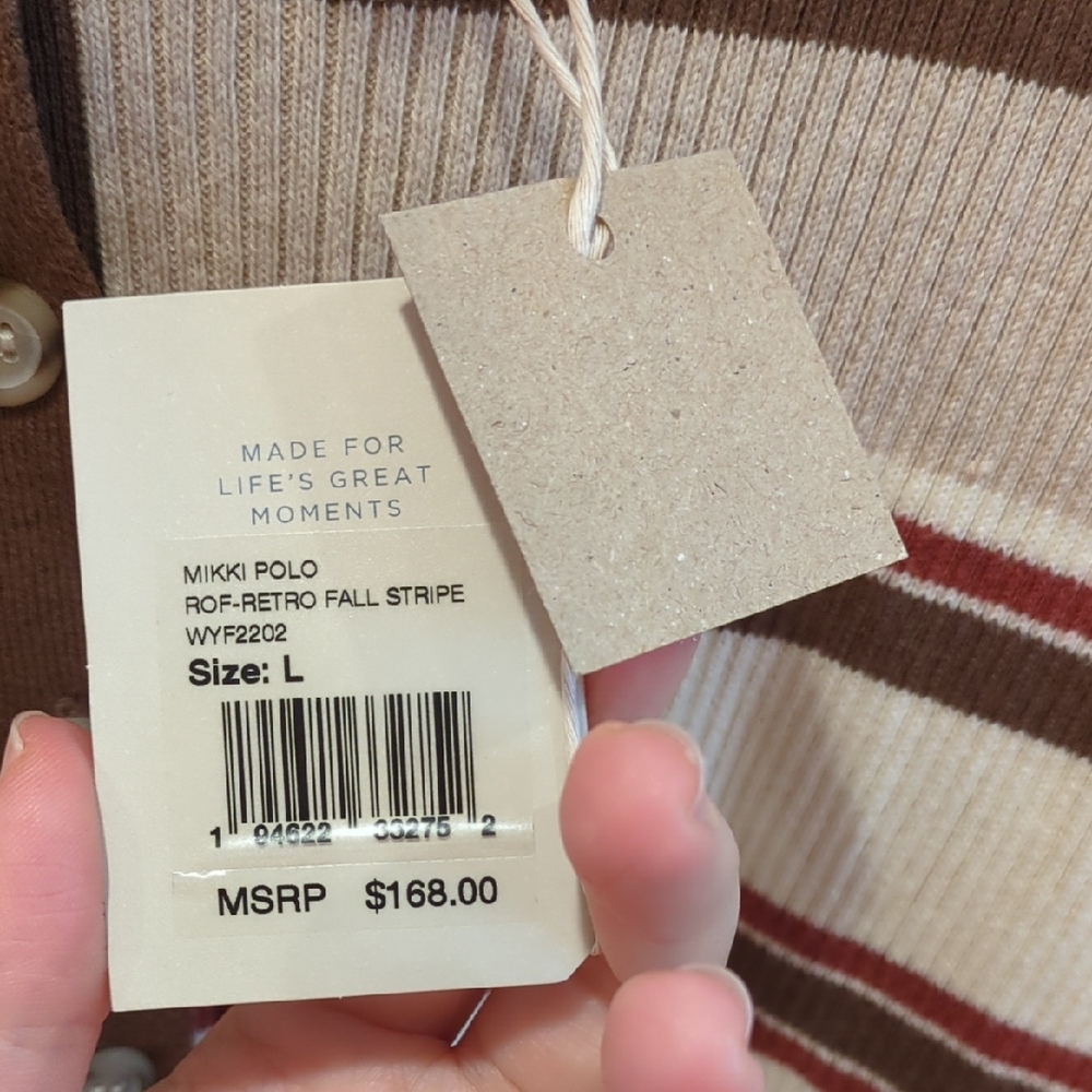 Faherty Cotton Cashmere Henley Polo Sweater Cream Brown Stripes Large NWT Preppy - Picture 4 of 9